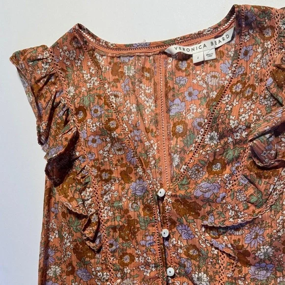 VERONICA BEARD Araya Top Coral Floral Ruffle Button Front Eyelet Detail Blouse 2 - Picture 10 of 10